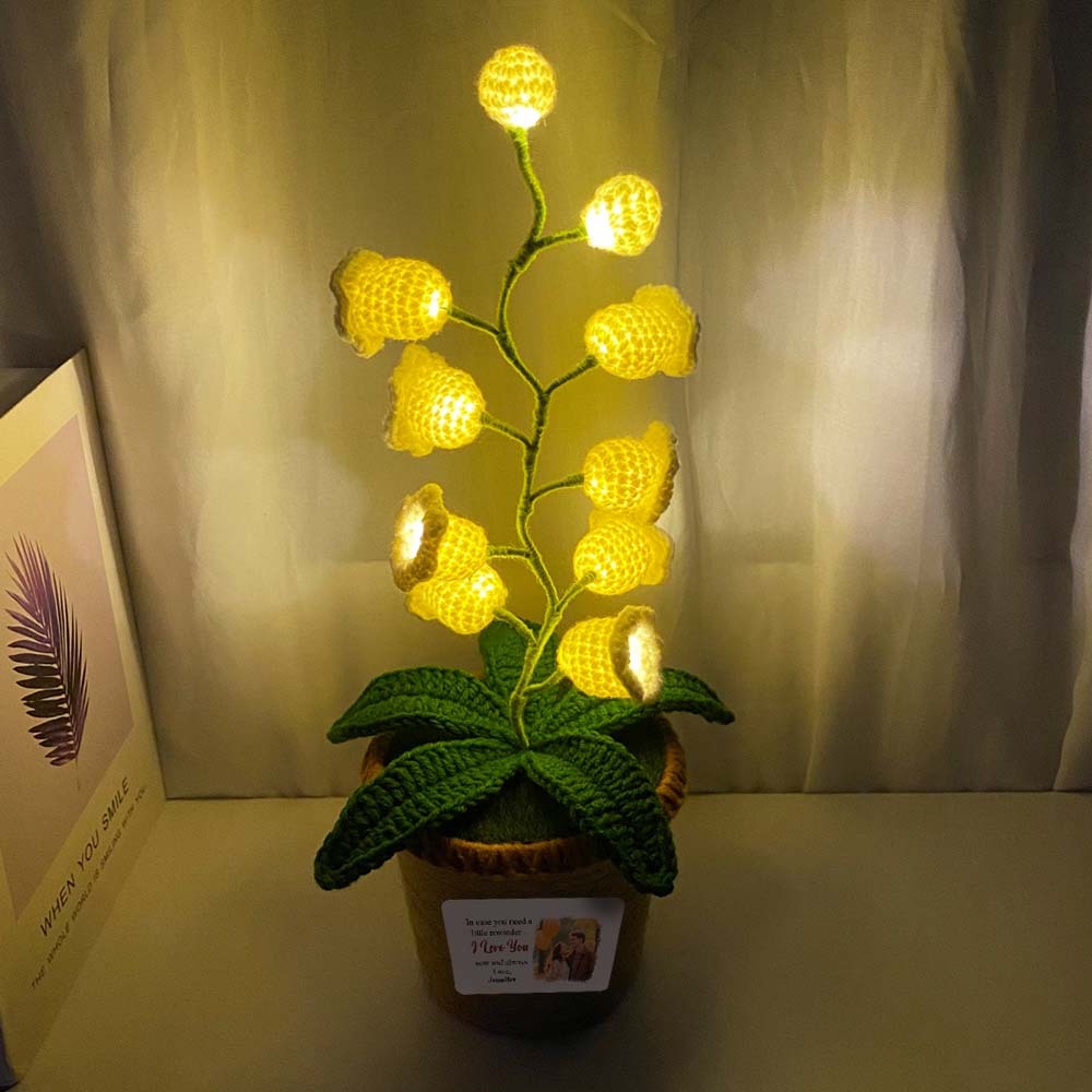Custom Photo and Name LED Light Crocheted Lily of the Valley - Glowing Potted Knit Flower Home Ambiance Decor