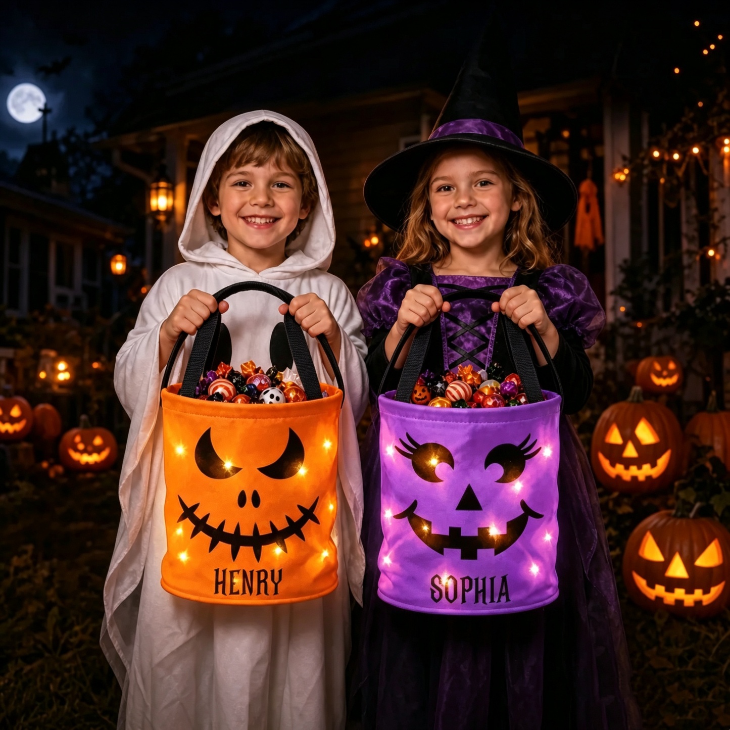 Custom LED Light Bucket Bag - Personalized Halloween Birthday Gifts For Kids - Little Boo Energy Glow Treat Bag for Kids & Trick-or-Treating