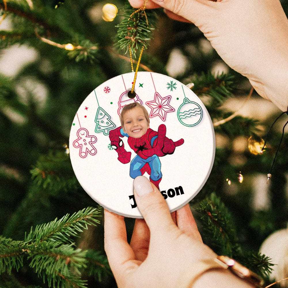 Personalized Photo Ornament Spiderman Style Christmas Tree Decoration Gift for Little Boys - Giftlab