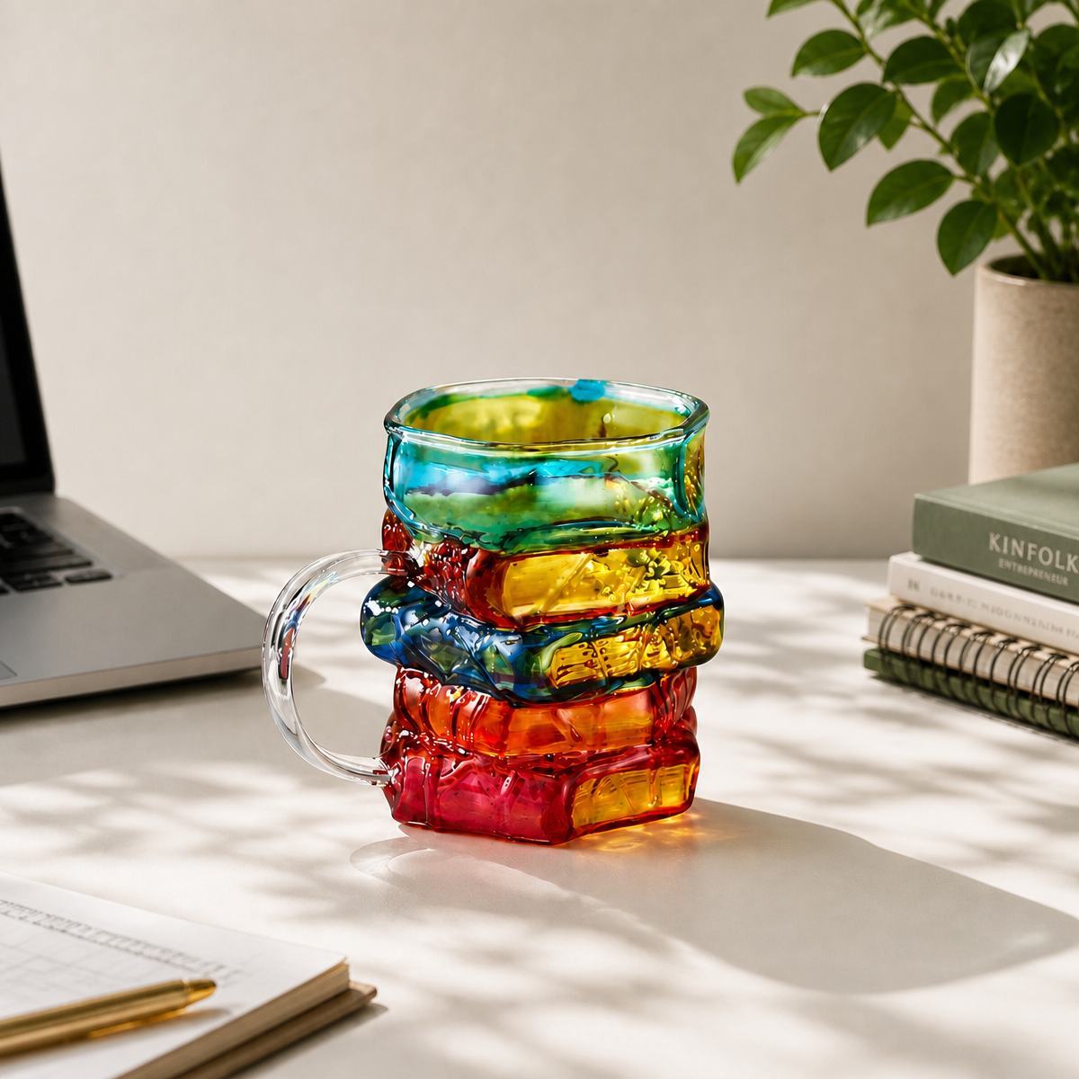 Painted Book Mug – Hand-Painted Borosilicate Glass Book-Shaped Mug with Handle Coffee Cup - PhotoMoonLamp