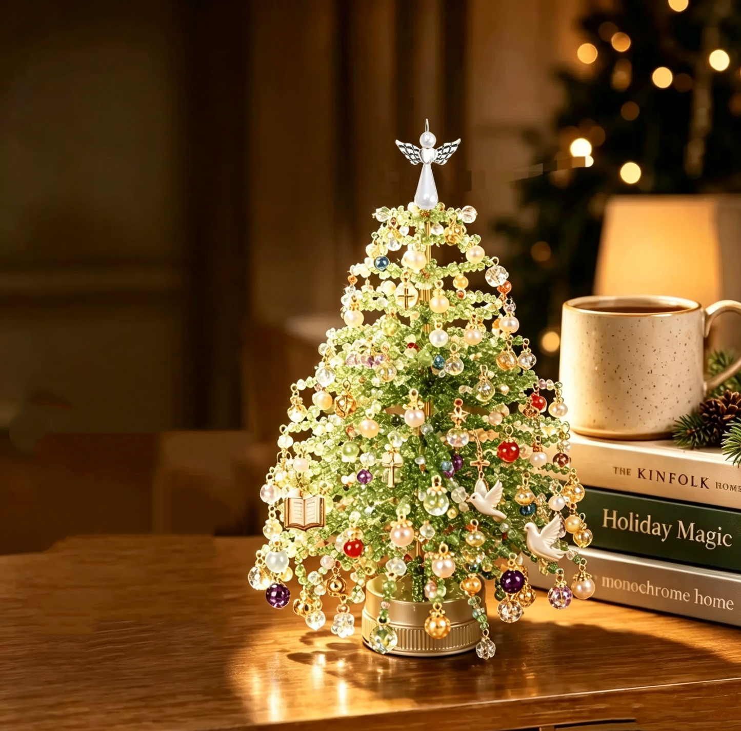 Beaded Mini Christmas Tree DIY Kit – Handmade Tabletop Holiday Decor with Angel Topper