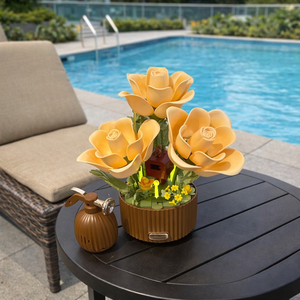 DIY Tan Rose Building Block Bouquet - Potted Flower Kit with Watering Can, Eternal Floral Decor for Home & Office