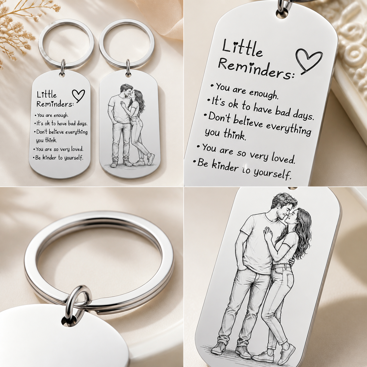 Personalized Photo Inspirational Little Reminders Keychain – Custom Engraved Stainless Steel Dog Tag with Photo Sketch | Meaningful Gift for Friends & Family