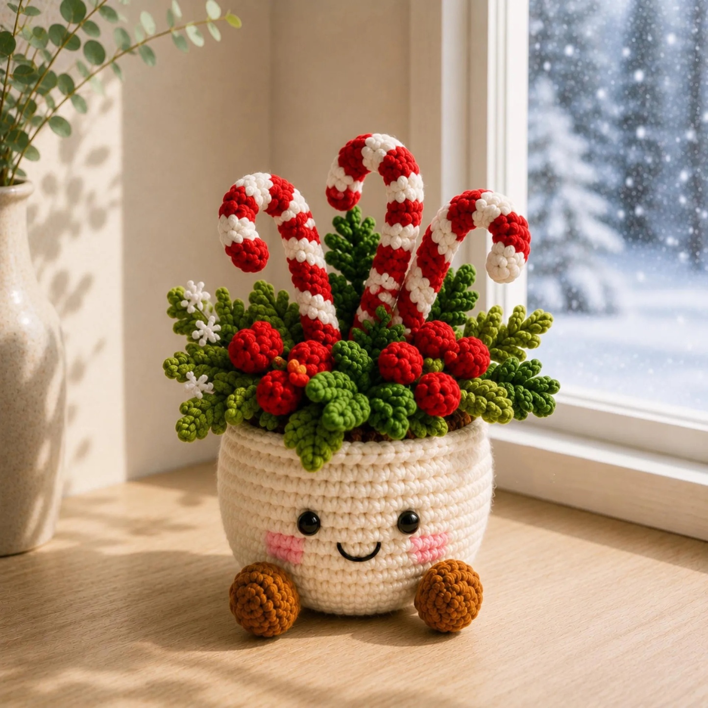Handmade Crochet Christmas Potted Plant Decor – Festive Desk Ornament Gift for Home, Office & Holiday Parties