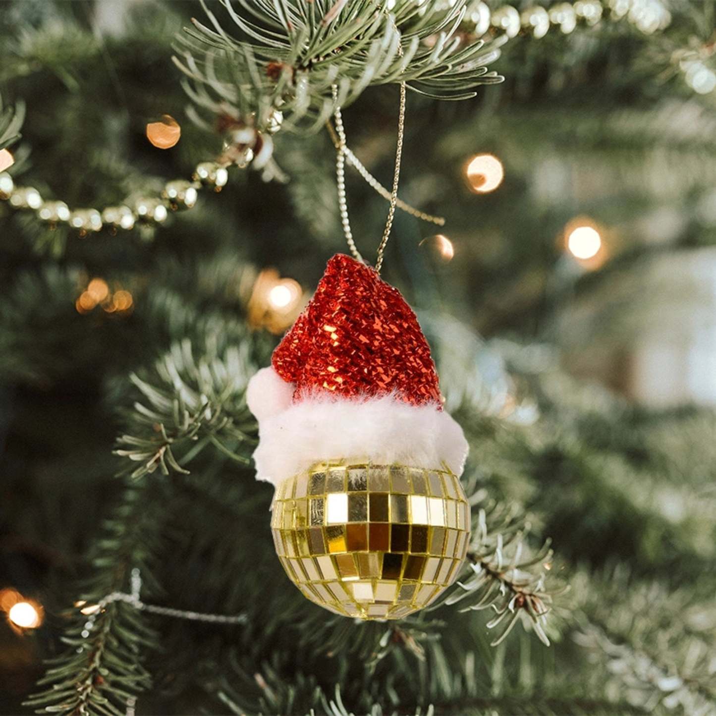Mosaic Mirror Tiles Mirror Disco Ball Christmas Tree Decoration with Red Santa Hat - photomoonlamp