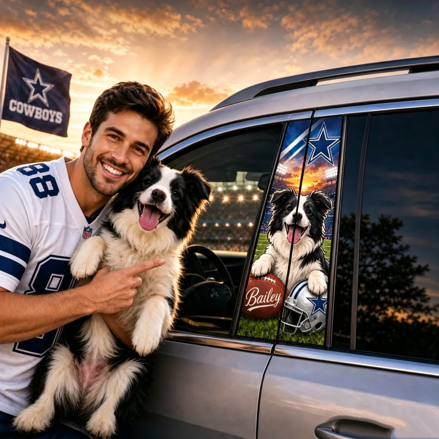 Custom Pet Portrait Car Pillar Wrap – Personalized Dog & Cat Photo Car Decal, Football-Inspired Auto Interior Decor, Universal Fit