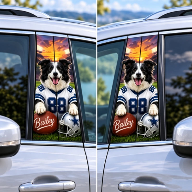 Custom Pet Portrait Car Pillar Wrap – Personalized Dog & Cat Photo Car Decal, Football-Inspired Auto Interior Decor, Universal Fit