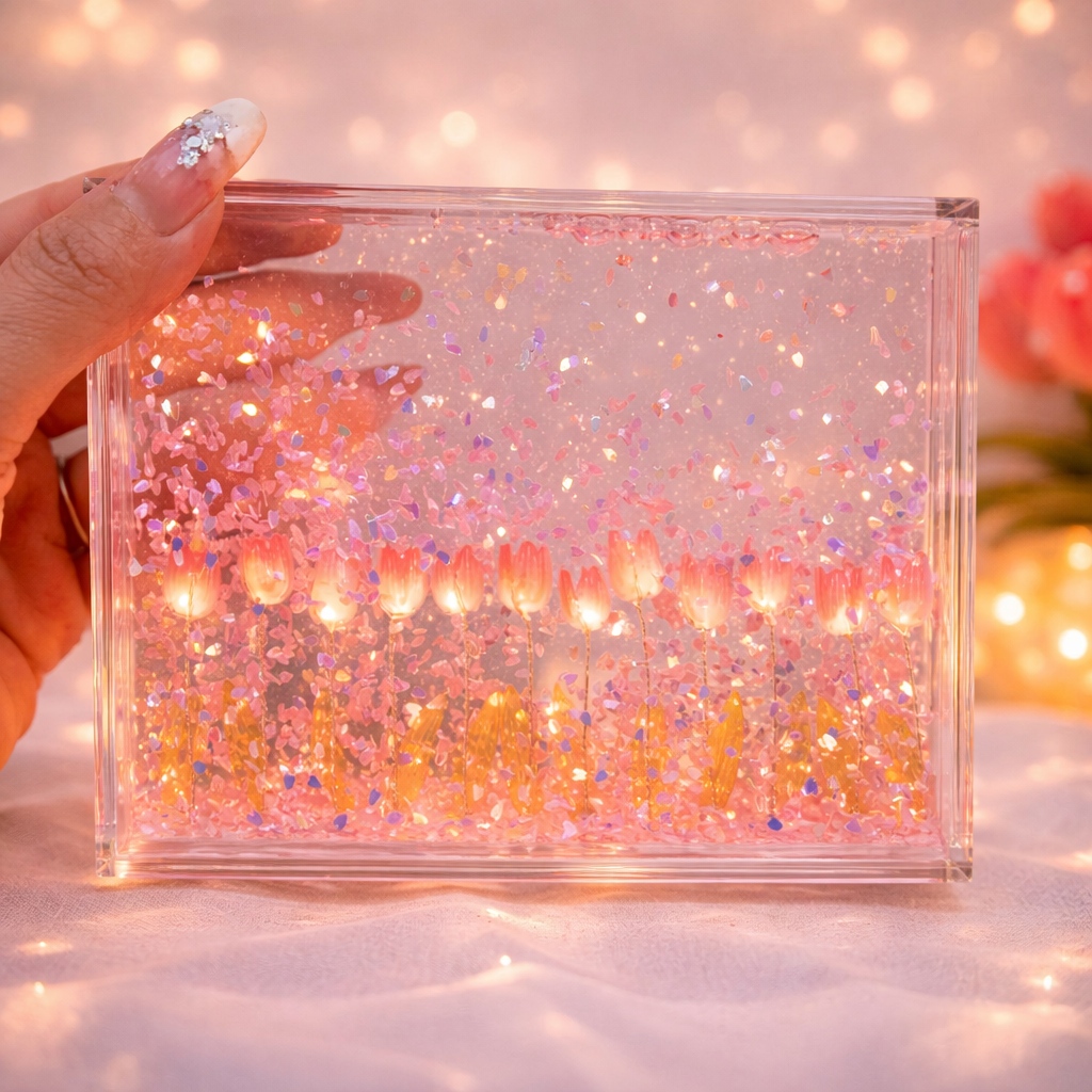 DIY Floating Petal Tulip Night Light – Romantic Acrylic Sandscape Lamp with LED Glow, Handmade Decorative Desk Light Gift for Women & Home Decor