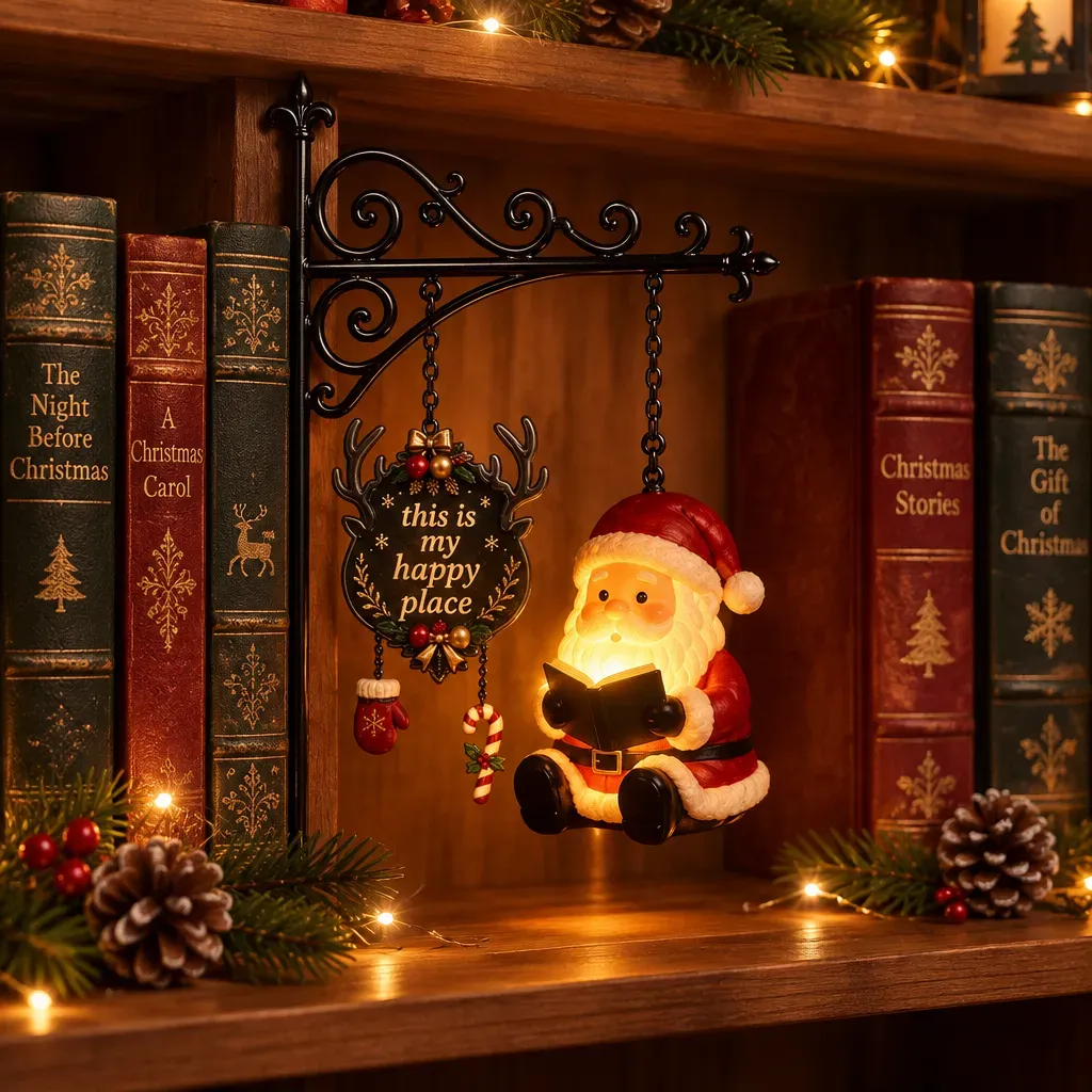 Christmas Bookshelf Light - Santa Reading Ornament for Library, Home Decor Gift for Book Lovers