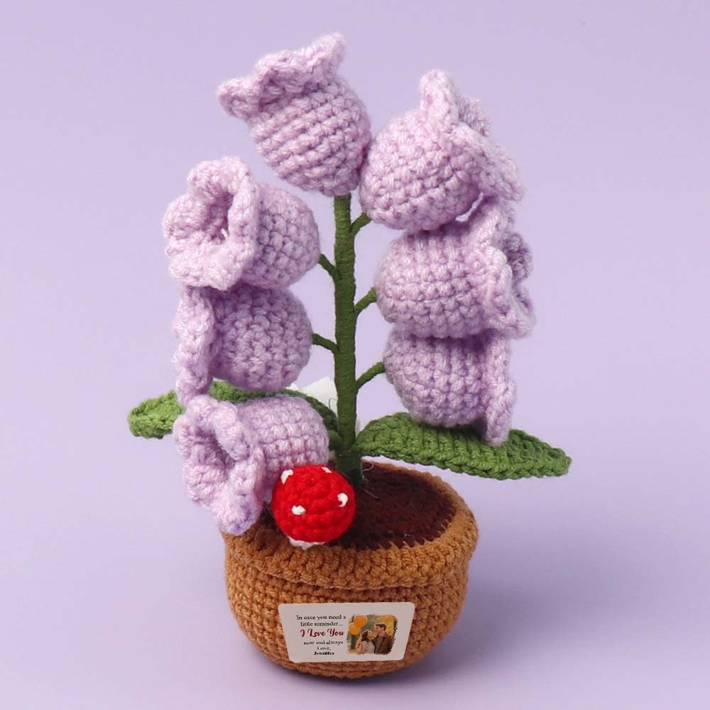 Custom Photo and Name LED Light Crocheted Lily of the Valley - Glowing Potted Knit Flower Home Ambiance Decor