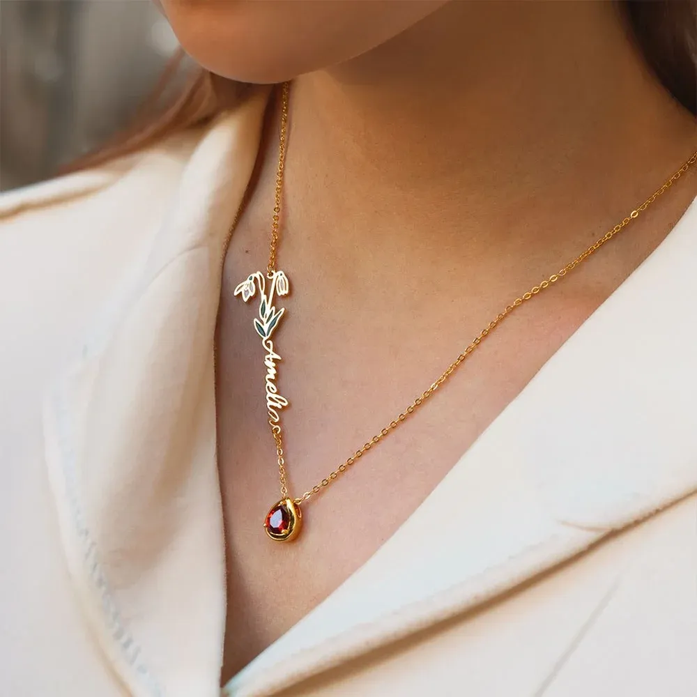 Personalized Birth Flower & Birthstone Necklace with Name, Women's Jewelry, Mother's Day Gift, Gift for Mom