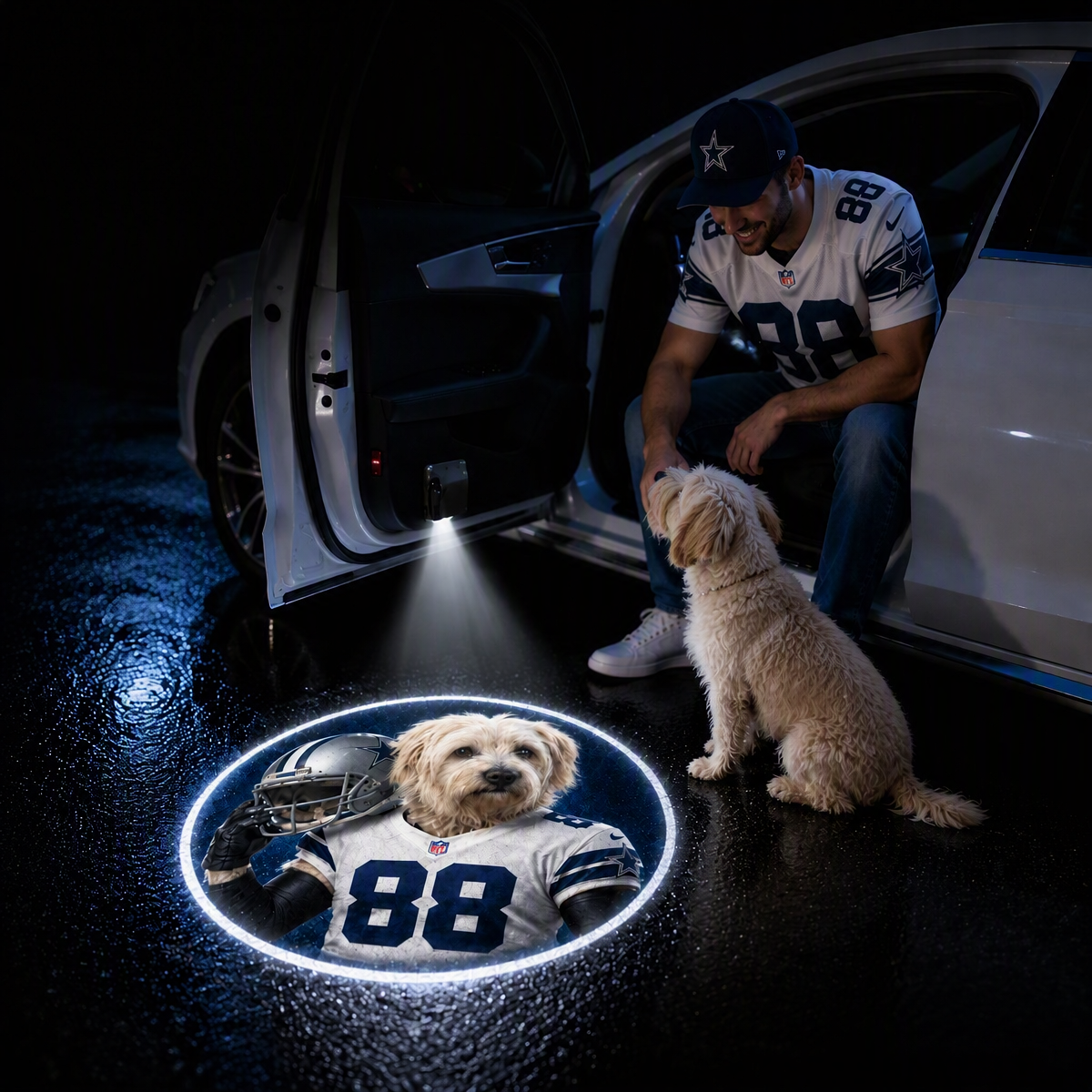 Custom Pet Portrait Car Door Projector Lights Personalized Dog & Cat Photo Welcome Light, Football-Inspired Auto Door LED Projector, Universal Fit