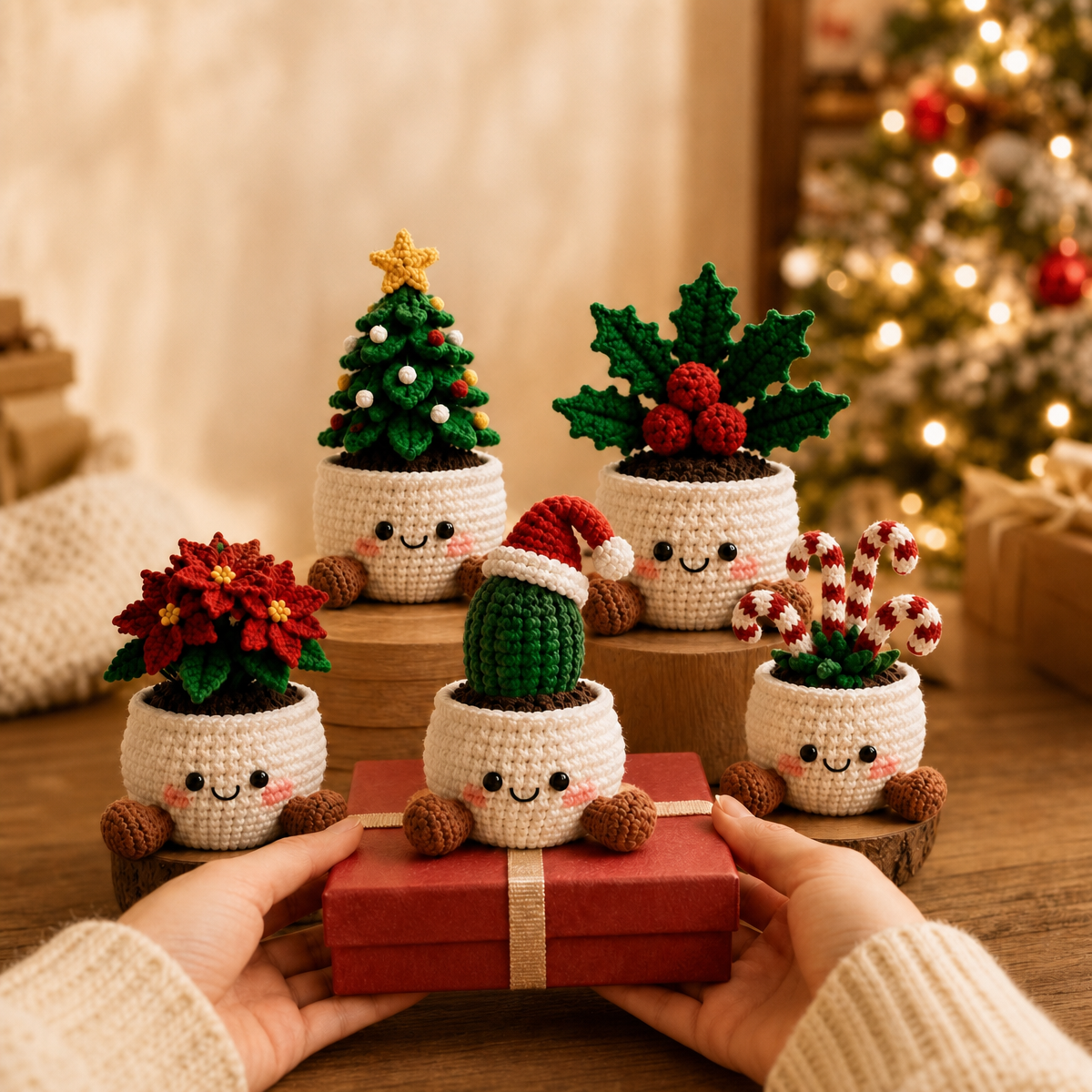 Handmade Crochet Christmas Plant Pots – Festive Holiday Decor Gift for Home & Office