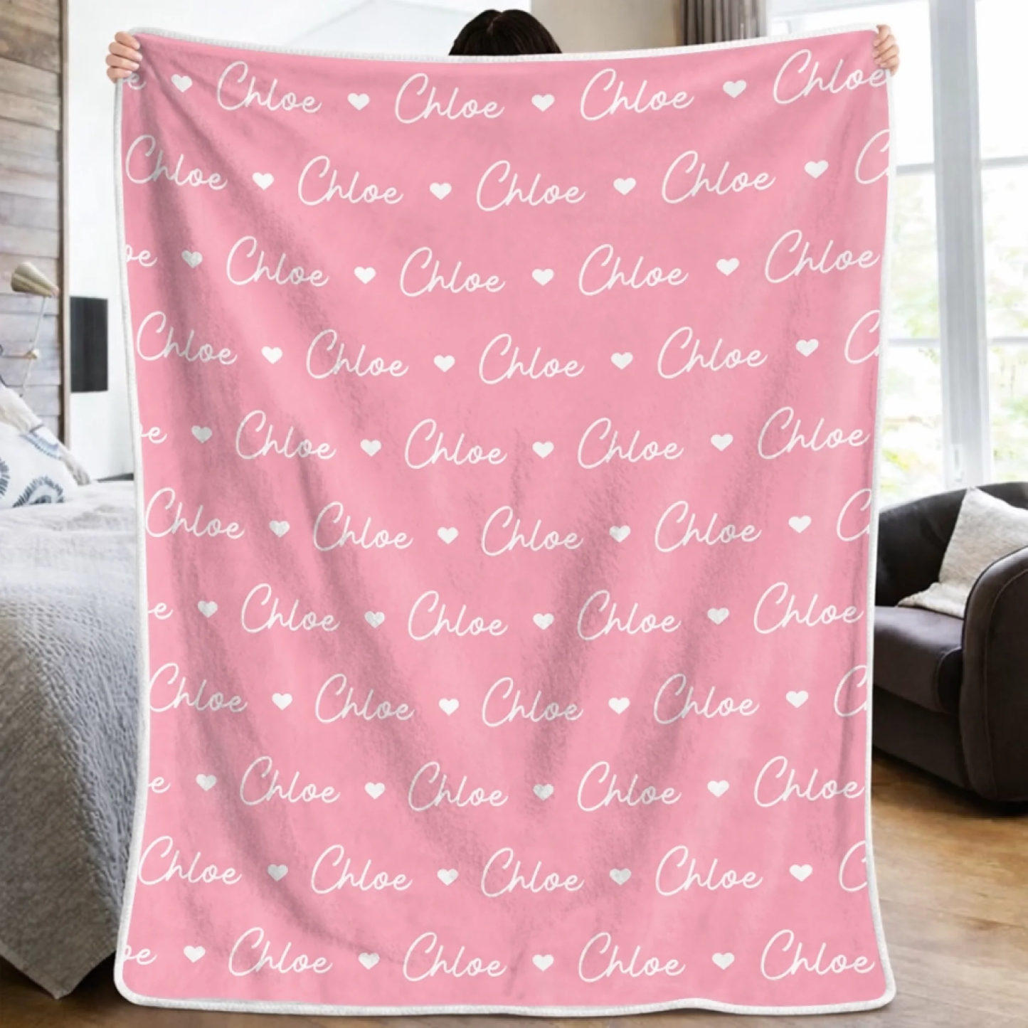 Personalized Fleece Blanket for Kids - Birthday Gift with Name & Hearts, Cozy Sherpa Throw for Girls and Boys - PhotoMoonLamp