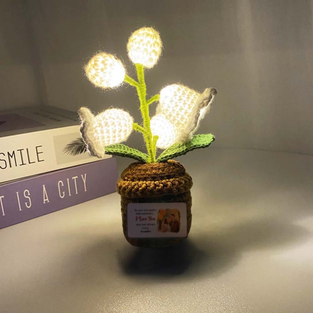 Custom Photo and Name LED Light Crocheted Lily of the Valley - Glowing Potted Knit Flower Home Ambiance Decor