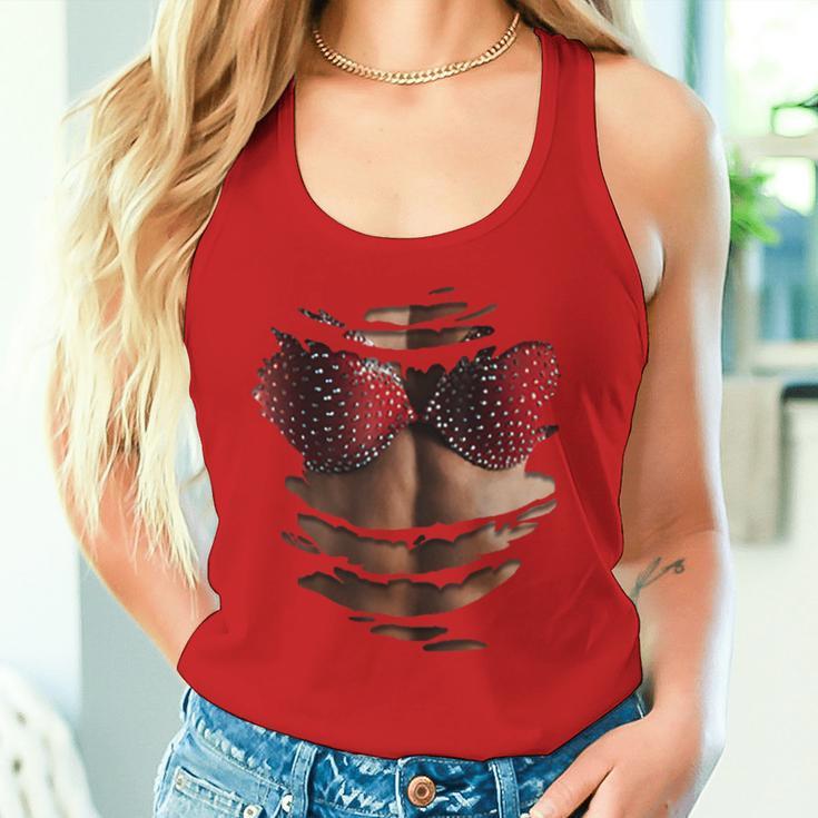 Funny 3D Ripped Tank Top Strawberry Bra Print, Summer Party Gift, Sexy Casual Wear - PhotoMoonLamp