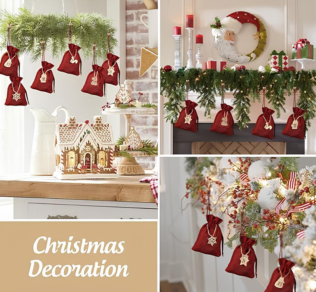 24 Pack Advent Calendar Bags for Filling, Red Jute Bags, Christmas Calendar, Jute Bags, Advent Calendar Filling, Cloth Bags, Christmas Calendar with Wooden Pendant