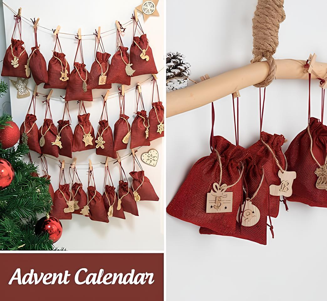 24 Pack Advent Calendar Bags for Filling, Red Jute Bags, Christmas Calendar, Jute Bags, Advent Calendar Filling, Cloth Bags, Christmas Calendar with Wooden Pendant