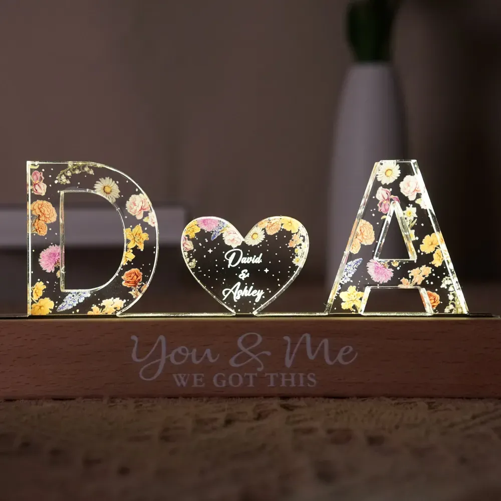 Couple Initials Floral Theme - Personalized Acrylic Block Plaque LED Night Light - Gift For Her, Gift For Him