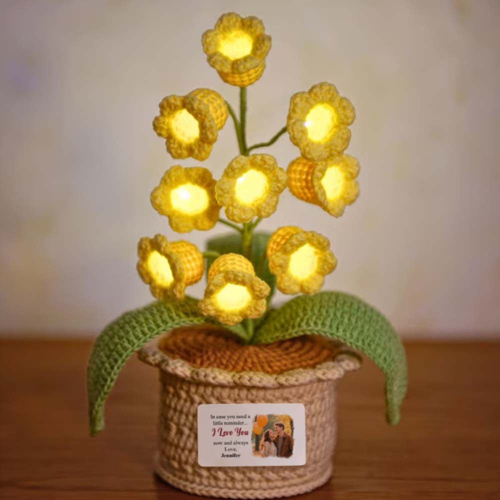 Custom Photo and Name LED Light Crocheted Lily of the Valley - Glowing Potted Knit Flower Home Ambiance Decor