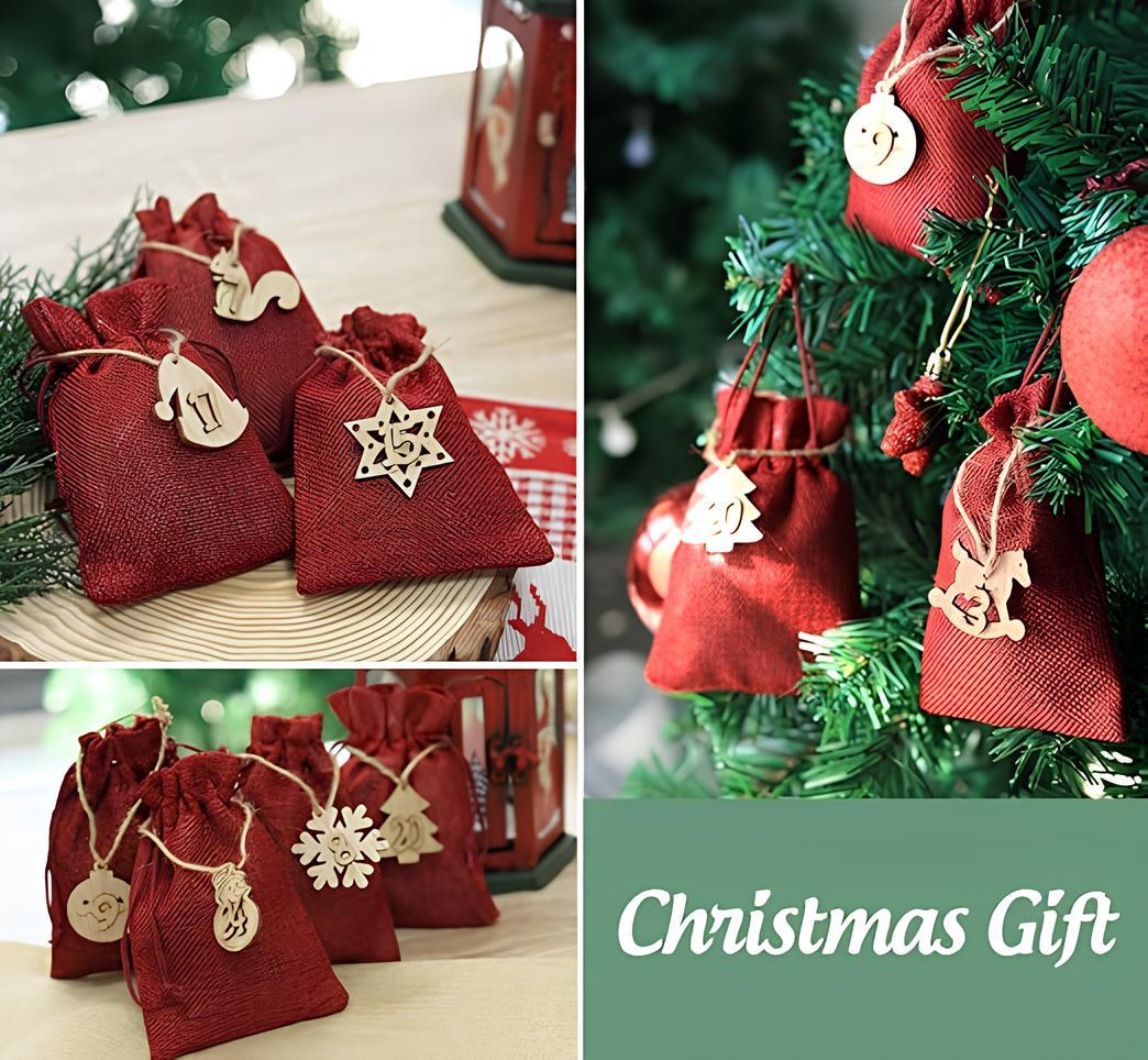 24 Pack Advent Calendar Bags for Filling, Red Jute Bags, Christmas Calendar, Jute Bags, Advent Calendar Filling, Cloth Bags, Christmas Calendar with Wooden Pendant