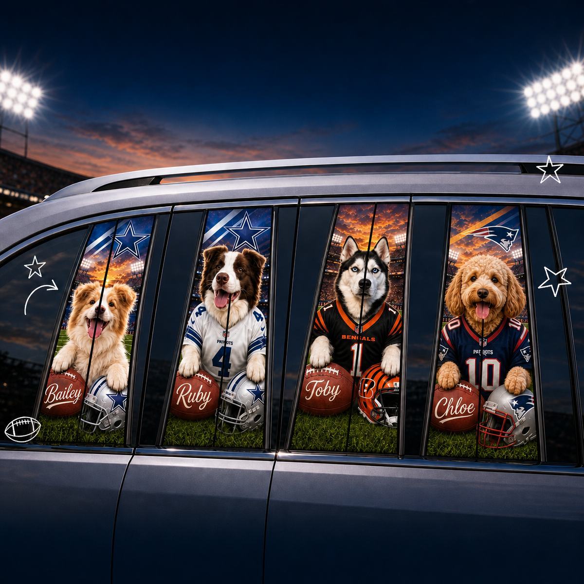 Custom Pet Portrait Car Pillar Wrap – Personalized Dog & Cat Photo Car Decal, Football-Inspired Auto Interior Decor, Universal Fit