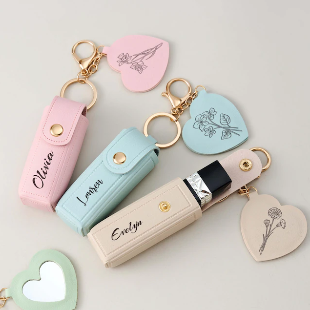 Engraved Birth Flower Lipstick Keychain Case with Mirror, Custom PU Leather Lip Balm Bag, Personalized Birthday Gift for Her, Christmas gift