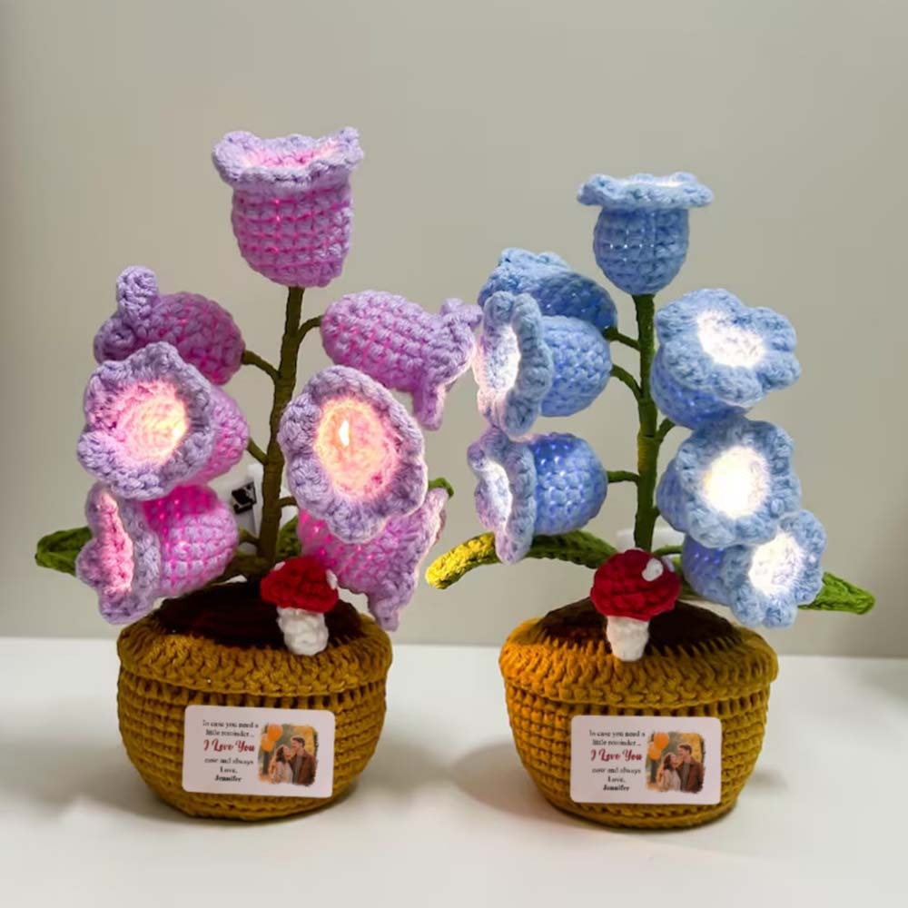 Custom Photo and Name LED Light Crocheted Lily of the Valley - Glowing Potted Knit Flower Home Ambiance Decor