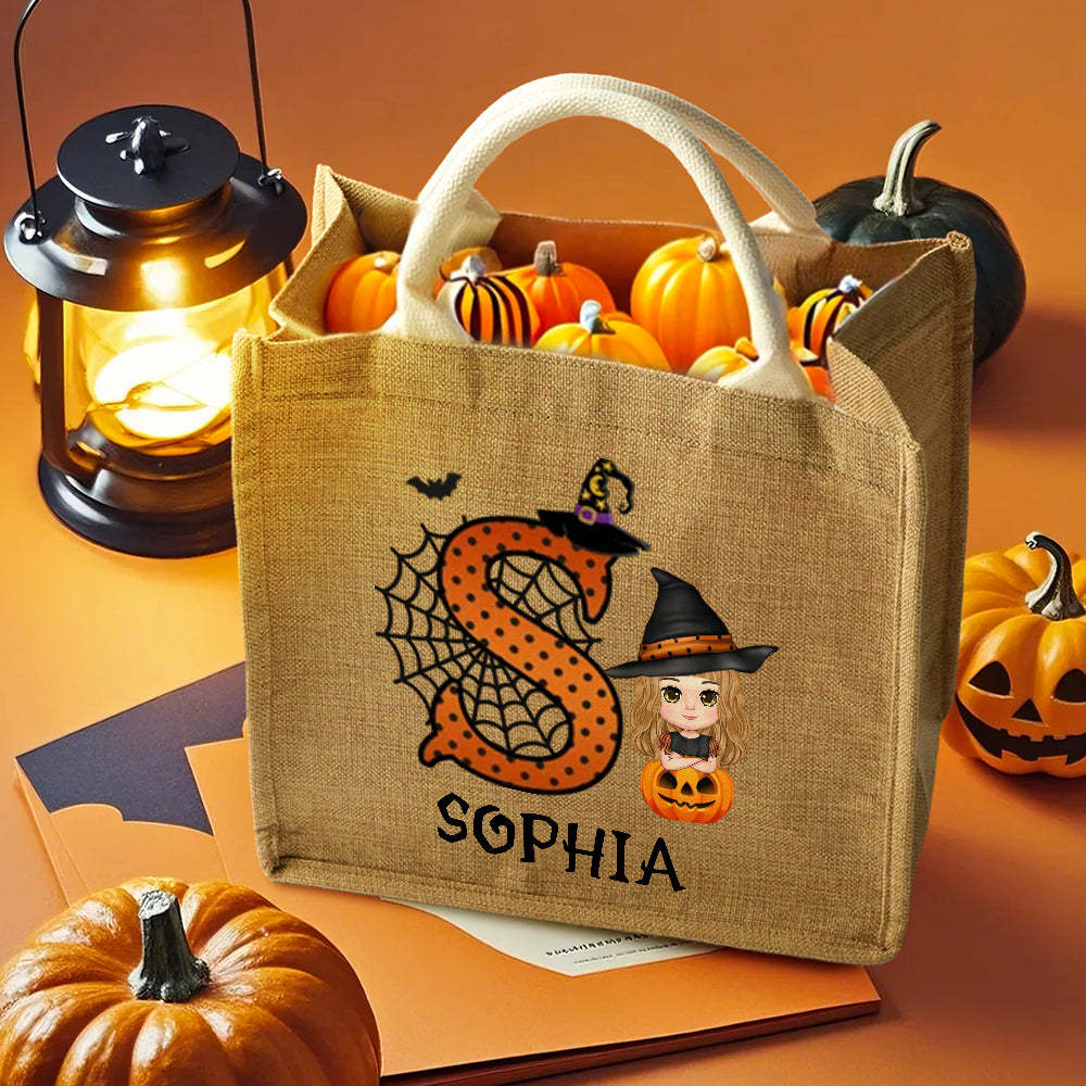 Personalized Cartoon Character Pumpkin Design Trick or Treat Candy Jute Tote Bag with Initial & Name Halloween Party Favors Gift for Kids - PhotoMoonLamp