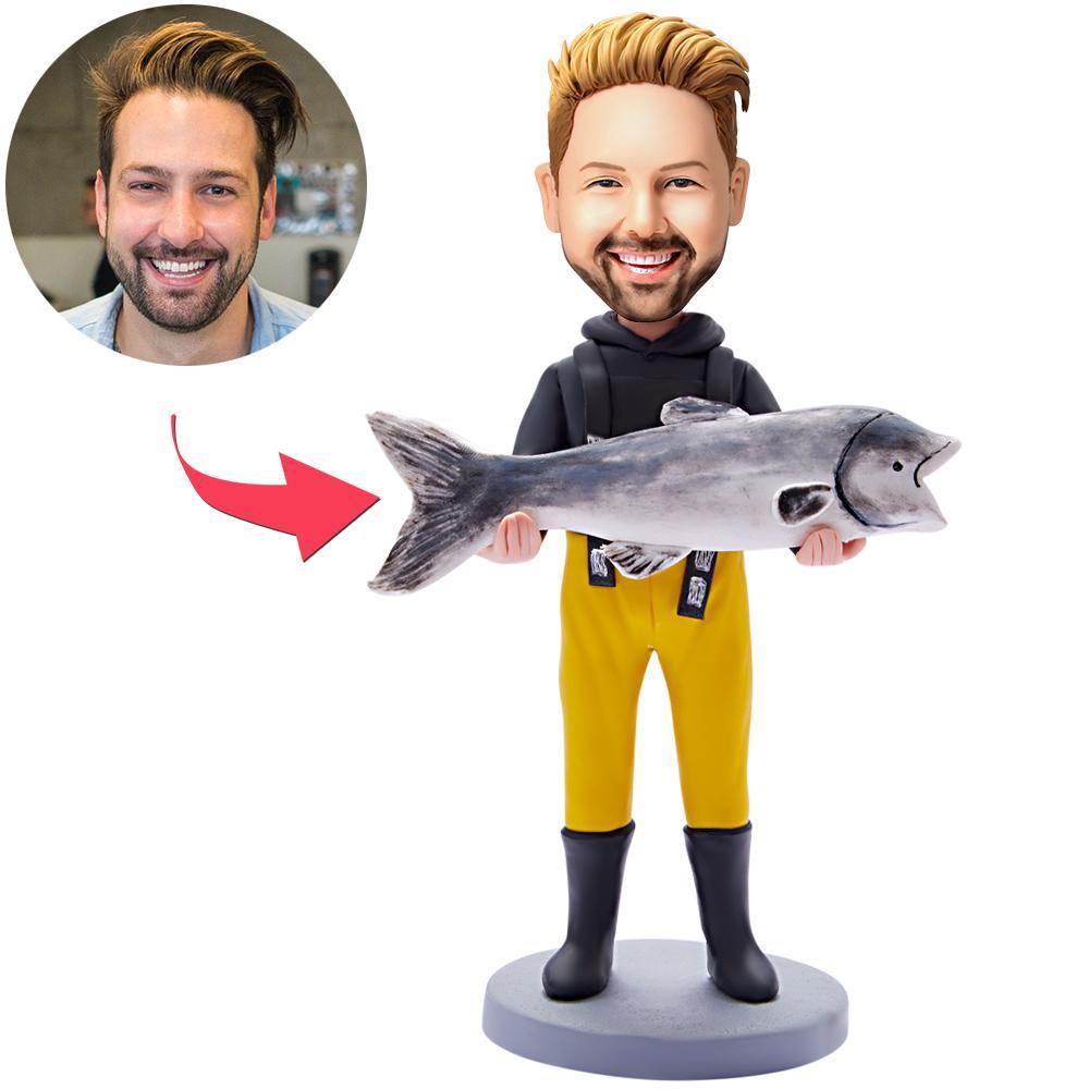 Custom Bobblehead Holding Fish Man With Engraved Text - PhotoMoonLamp