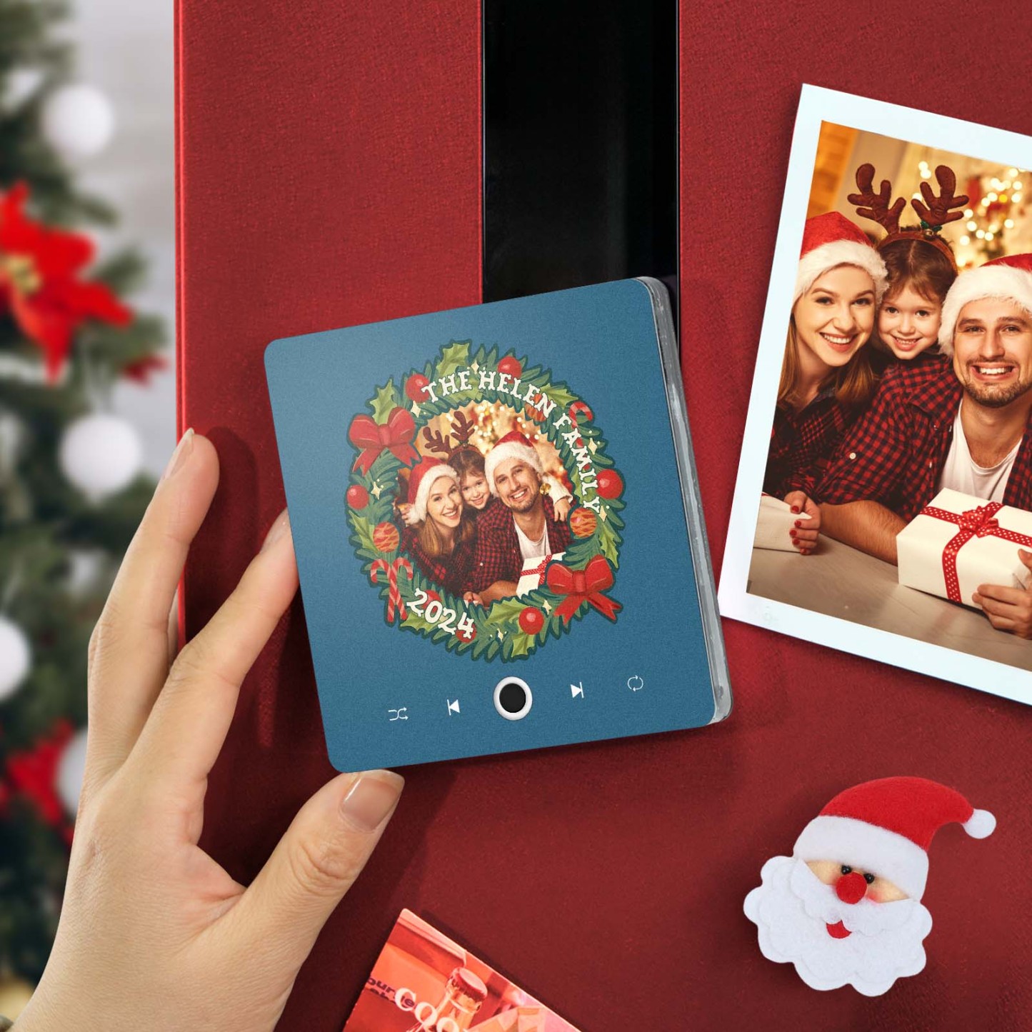 Personalized Christmas Wreath Family Photo Music Fridge Magnet Custom Music Magnets Can Play Songs Christmas Gifts - PhotoMoonLamp
