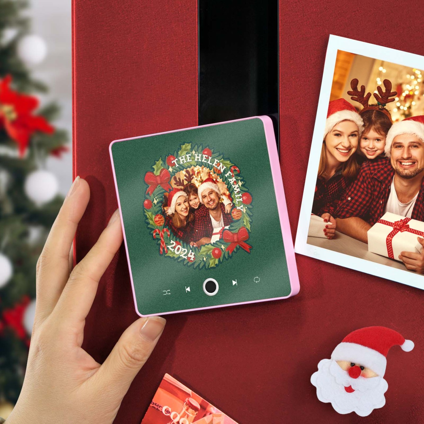 Personalized Christmas Wreath Family Photo Music Fridge Magnet Custom Music Magnets Can Play Songs Christmas Gifts - PhotoMoonLamp
