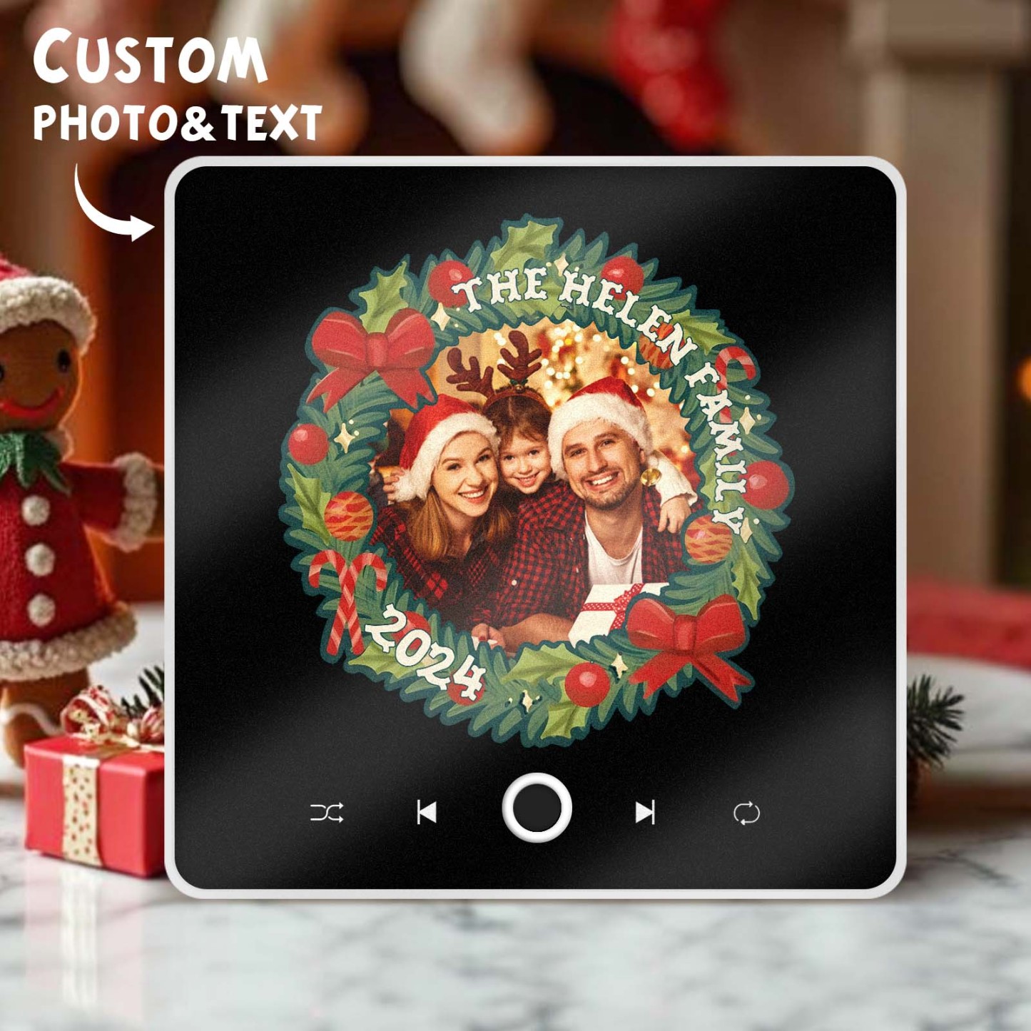 Personalized Christmas Wreath Family Photo Music Fridge Magnet Custom Music Magnets Can Play Songs Christmas Gifts - PhotoMoonLamp