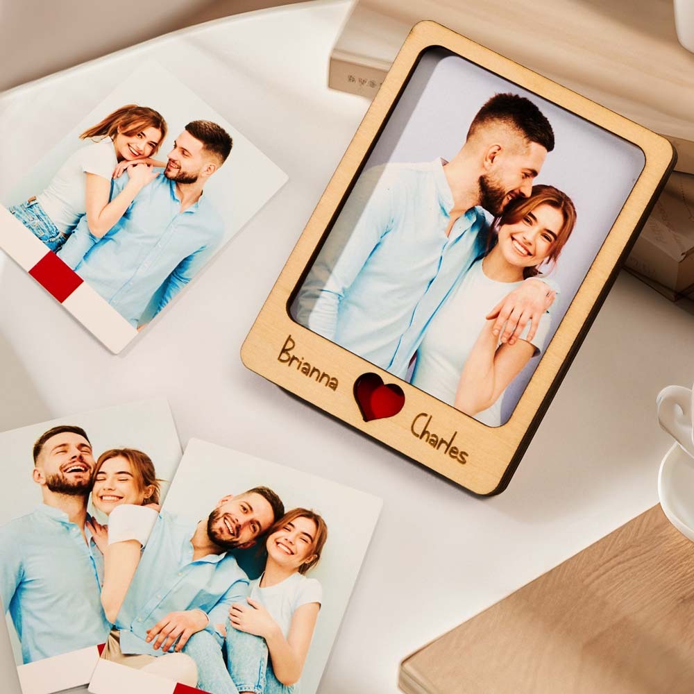Personalized Wooden Couple Fridge Magnet With Photo Frame Gift for Lover - PhotoMoonLamp
