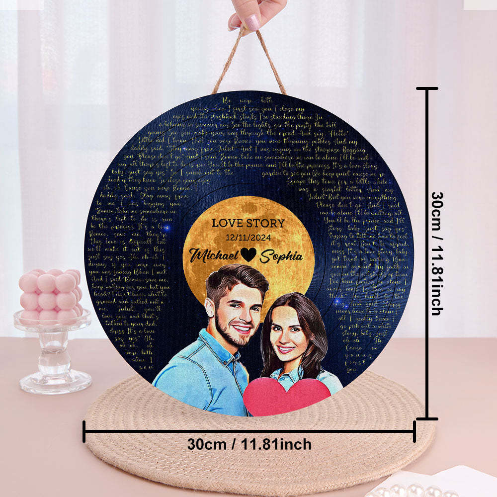 Personalized Vinyl Record Song Lyrics and Portrait Round Wood Sign Gift for Lover - PhotoMoonLamp