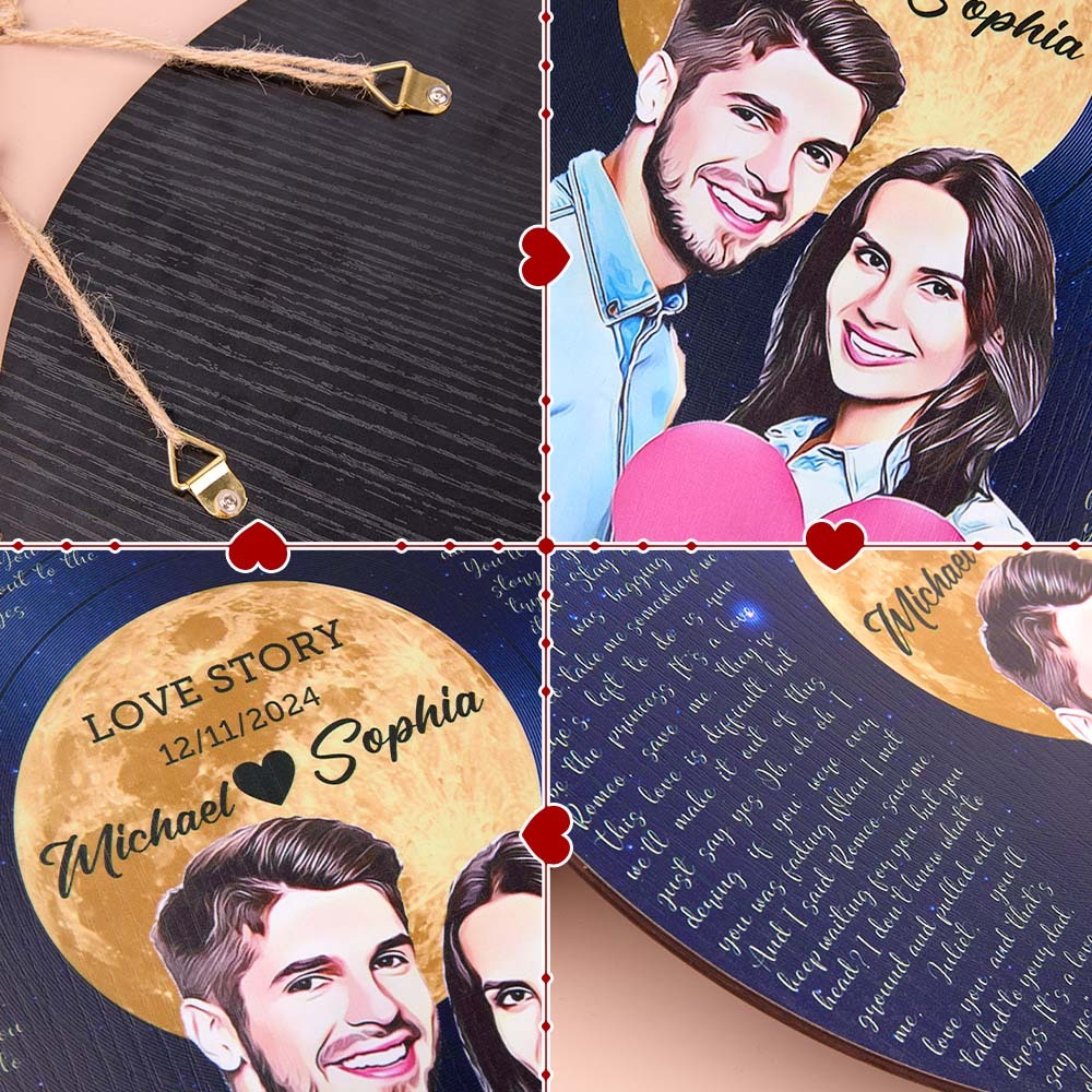Personalized Vinyl Record Song Lyrics and Portrait Round Wood Sign Gift for Lover - PhotoMoonLamp