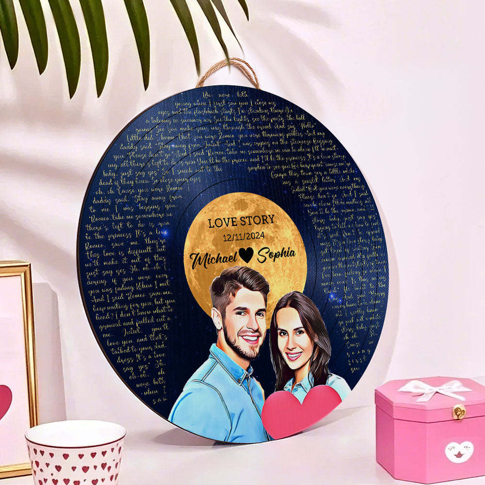 Personalized Vinyl Record Song Lyrics and Portrait Round Wood Sign Gift for Lover - PhotoMoonLamp