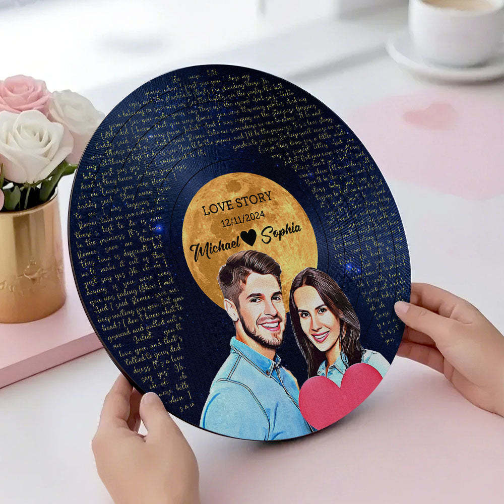 Personalized Vinyl Record Song Lyrics and Portrait Round Wood Sign Gift for Lover - PhotoMoonLamp