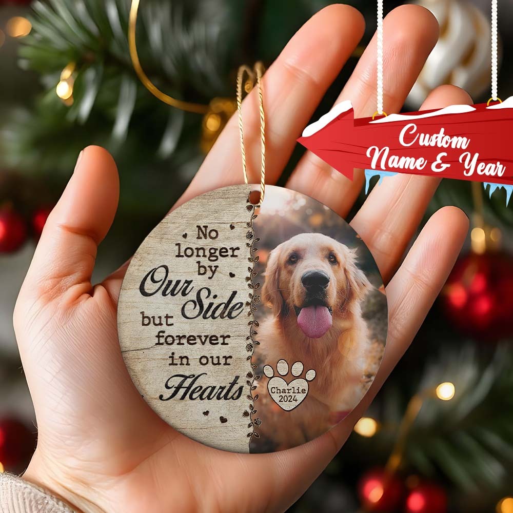 Custom Photo No Longer By Our Side - Memorial Personalized Custom Ornament - Ceramic Round Shaped - Christmas Gift, Sympathy Gift For Pet Owners, Pet Lovers