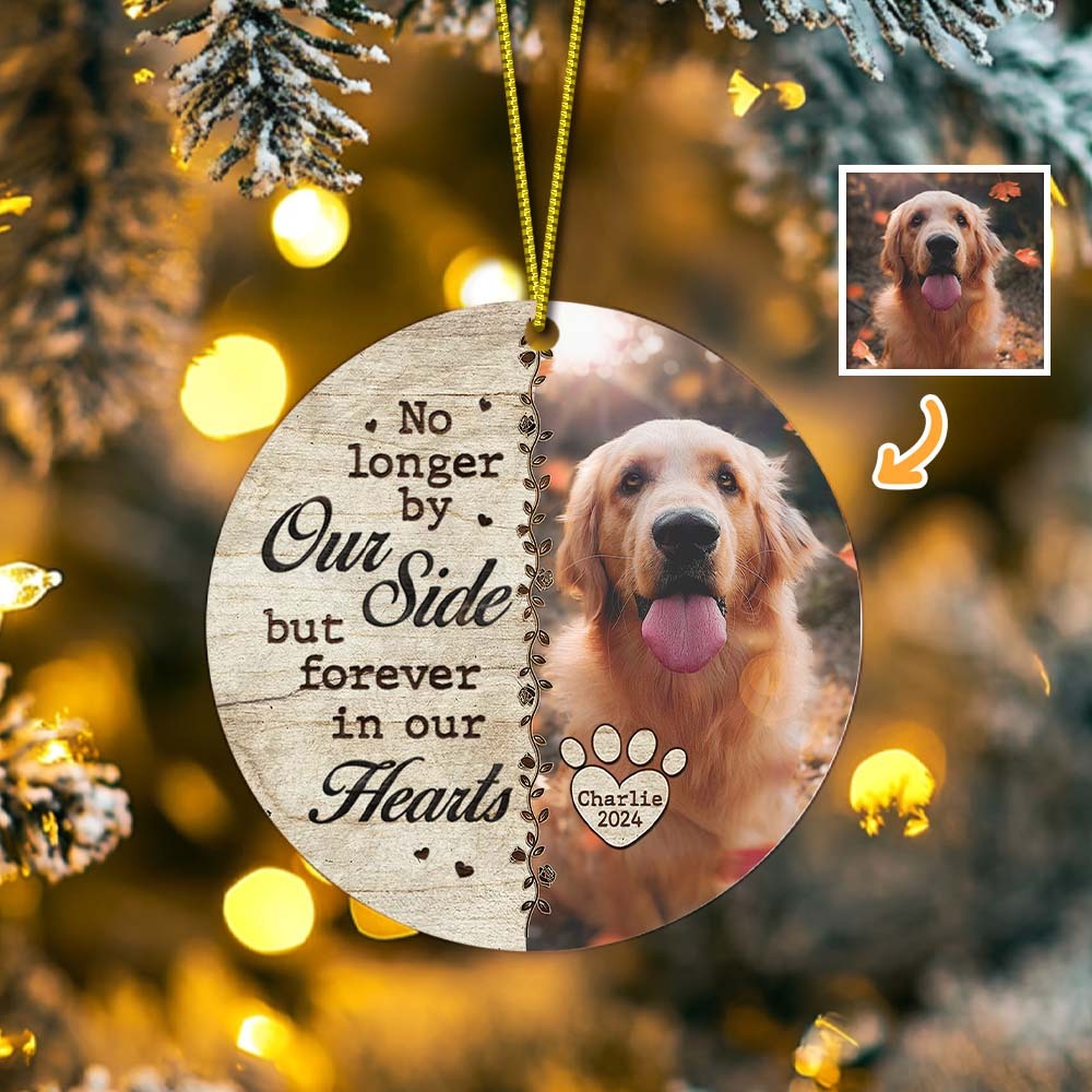 Custom Photo No Longer By Our Side - Memorial Personalized Custom Ornament - Ceramic Round Shaped - Christmas Gift, Sympathy Gift For Pet Owners, Pet Lovers