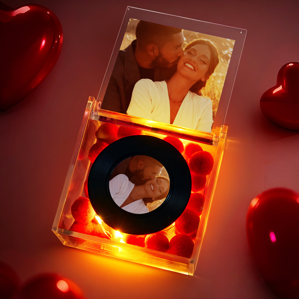 Personalized Mini Vinyl Record Player for Him with Auto-Play Music USB Charging Photo and Warm Light - PhotoMoonLamp