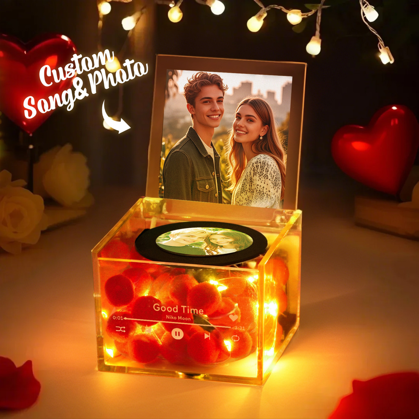 Custom Mini Vinyl Record Player with Auto-Play USB Charging Feature Photo and Romantic Warm Light - PhotoMoonLamp