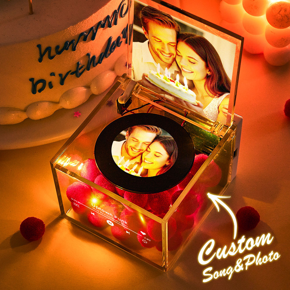 Personalized Red Heart Mini Music Record Player For Birthday Custom Names and Date in an Acrylic Box - PhotoMoonLamp