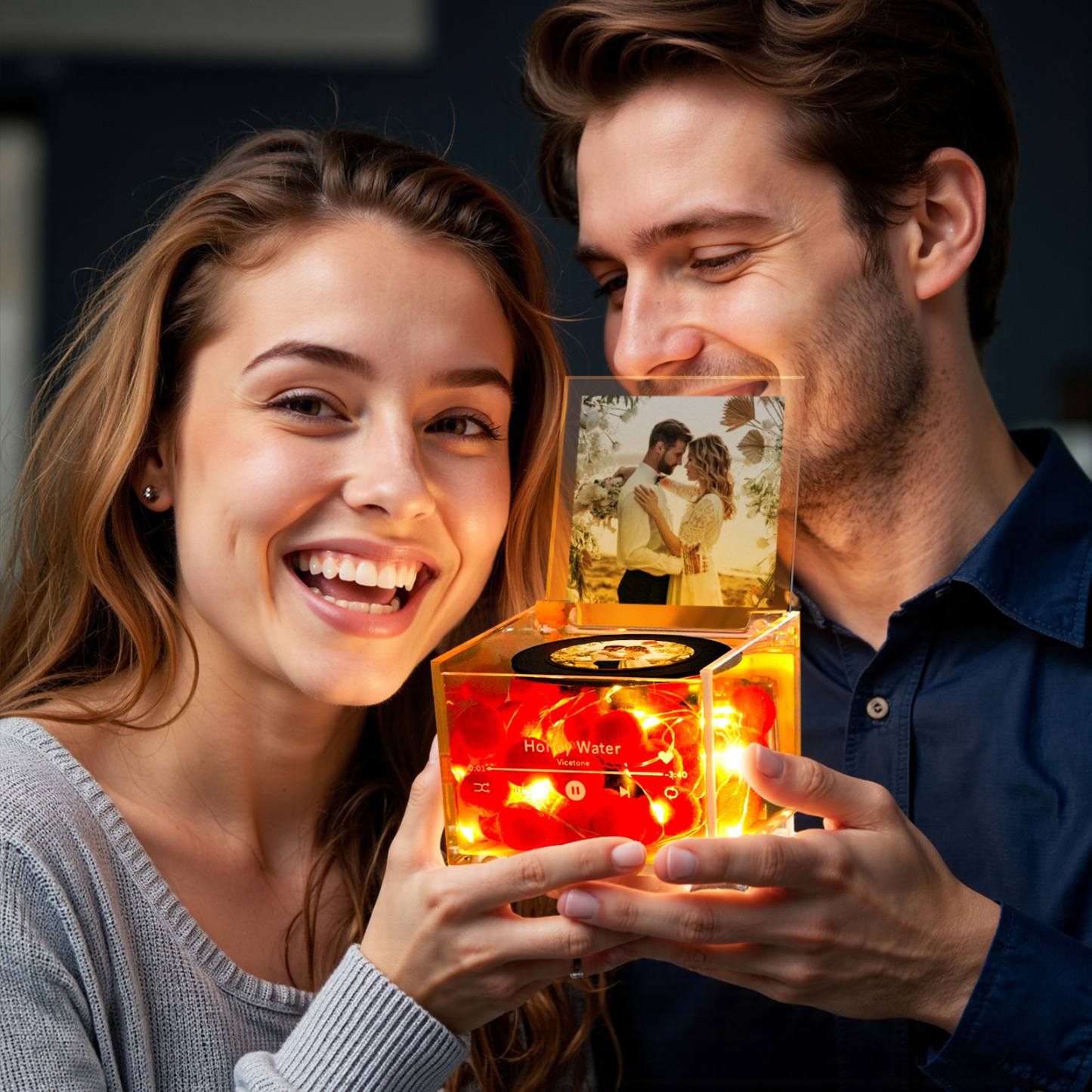 Custom Mini Vinyl Record Player Custom Red Heart Flower Style Photo Engraved Anniversary Gift for Couples - PhotoMoonLamp