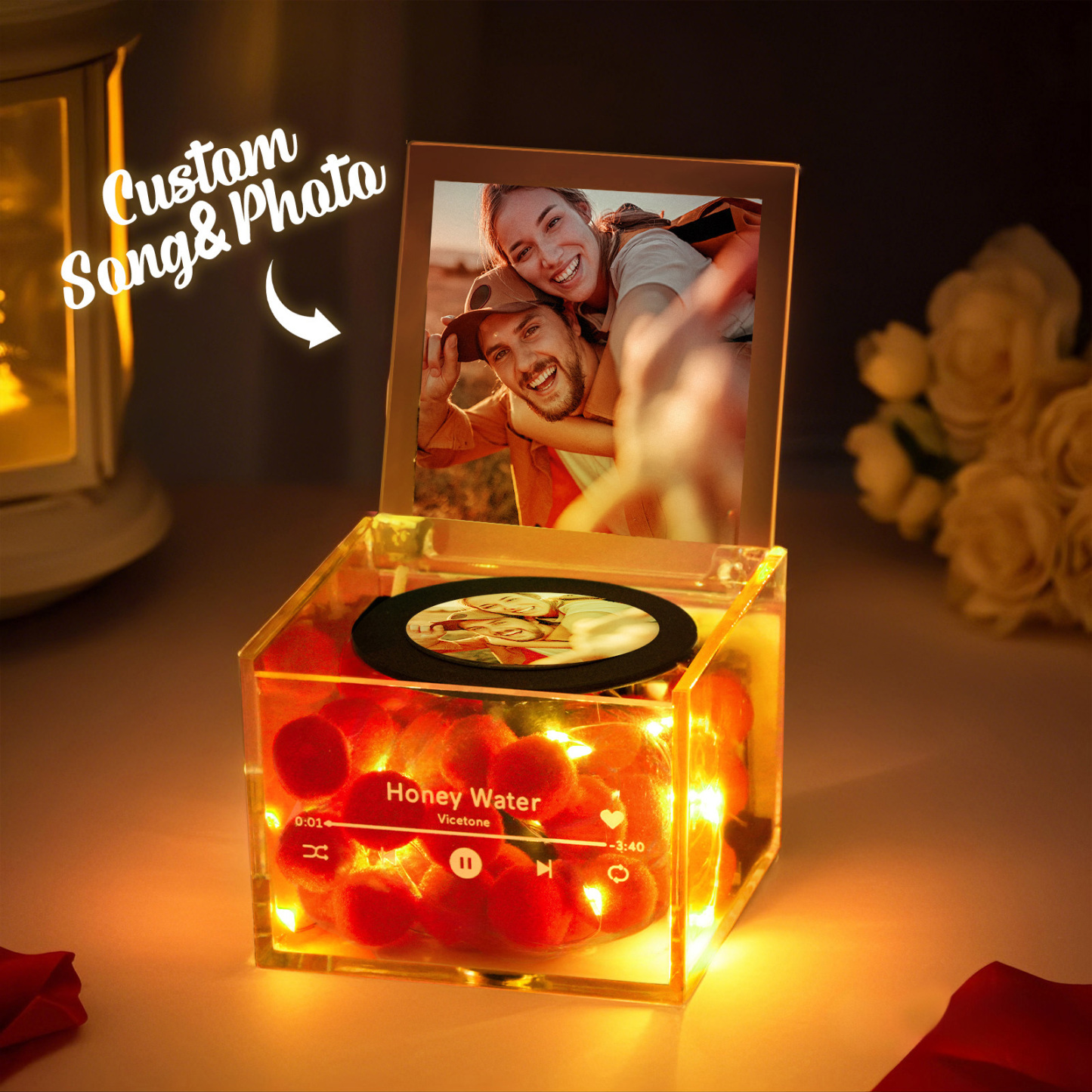 Custom Mini Vinyl Record Player Automatic Music Player Custom Photo Cover Style Engraved Anniversary Gift for Couples - PhotoMoonLamp