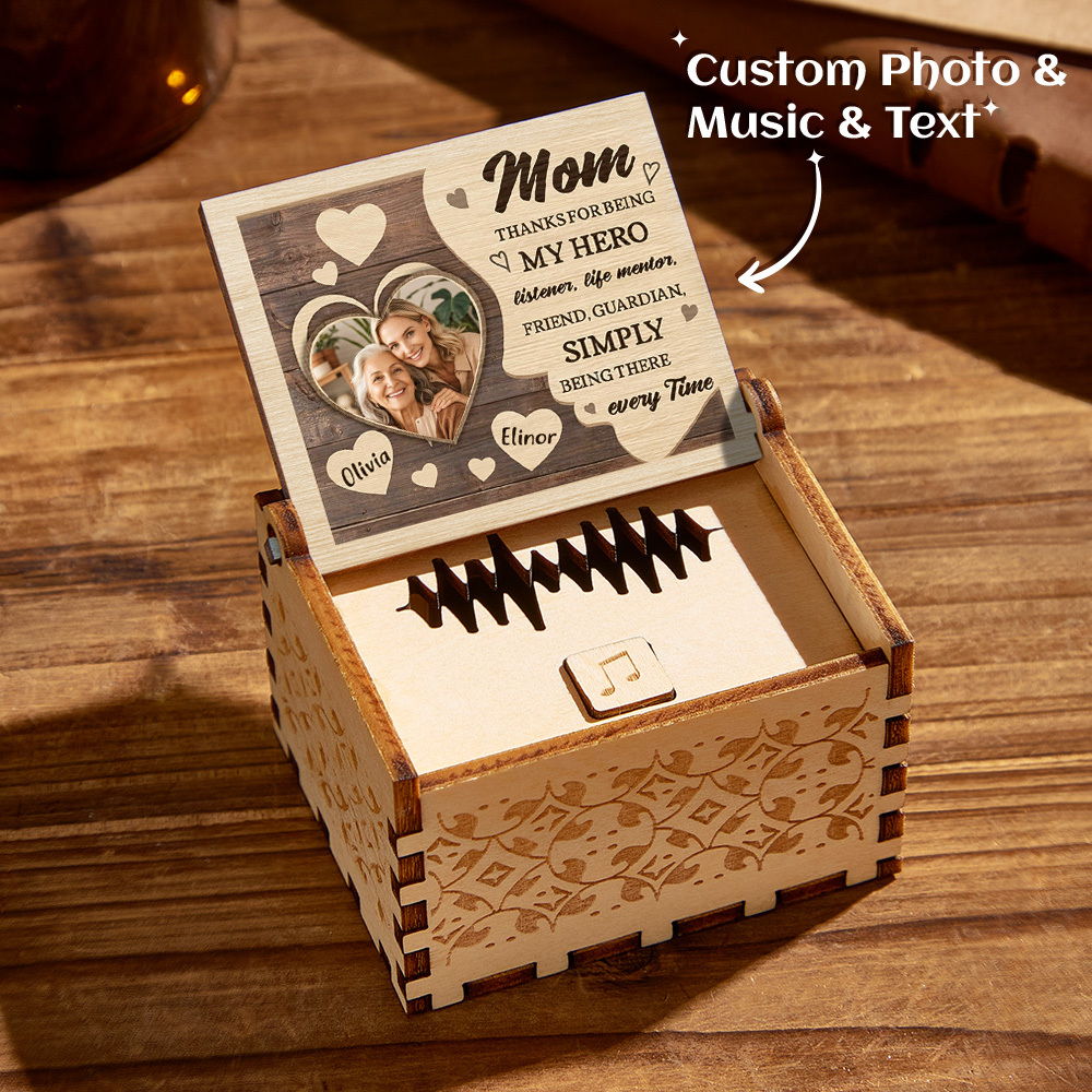Personalized Wooden Photo Music Box Custom Heart Music Box Gift for Mother - PhotoMoonLamp