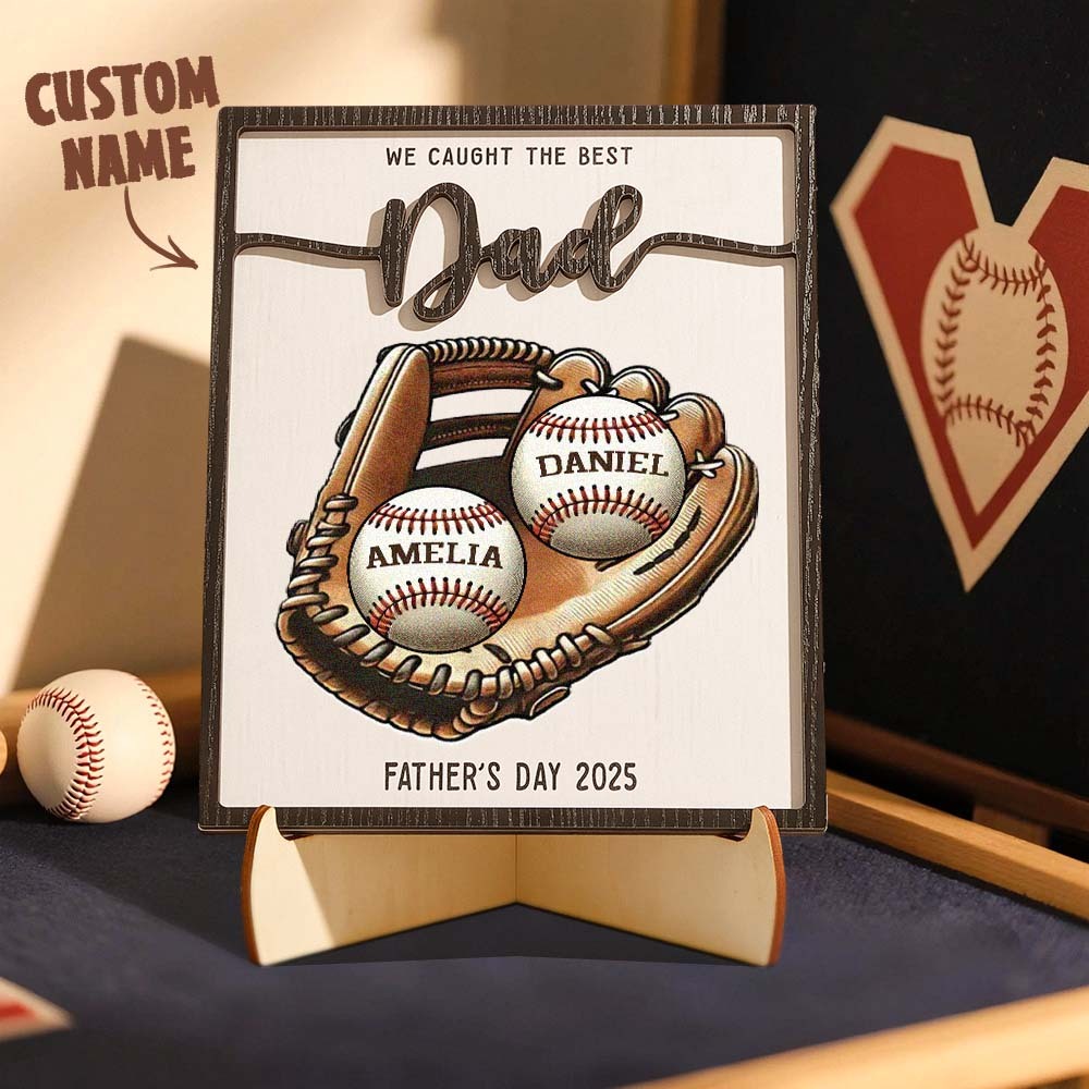 Gift for Dad Custom Engraved Wooden Baseball Plaque Decor with Stand Personalized Memorabilia