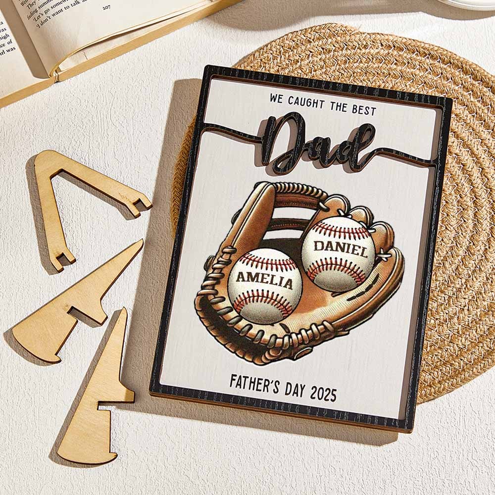 Gift for Dad Custom Engraved Wooden Baseball Plaque Decor with Stand Personalized Memorabilia
