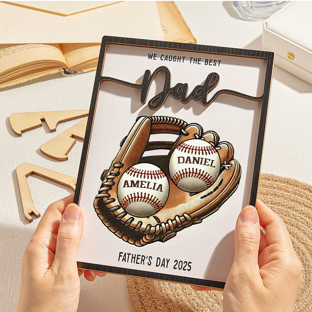 Gift for Dad Custom Engraved Wooden Baseball Plaque Decor with Stand Personalized Memorabilia