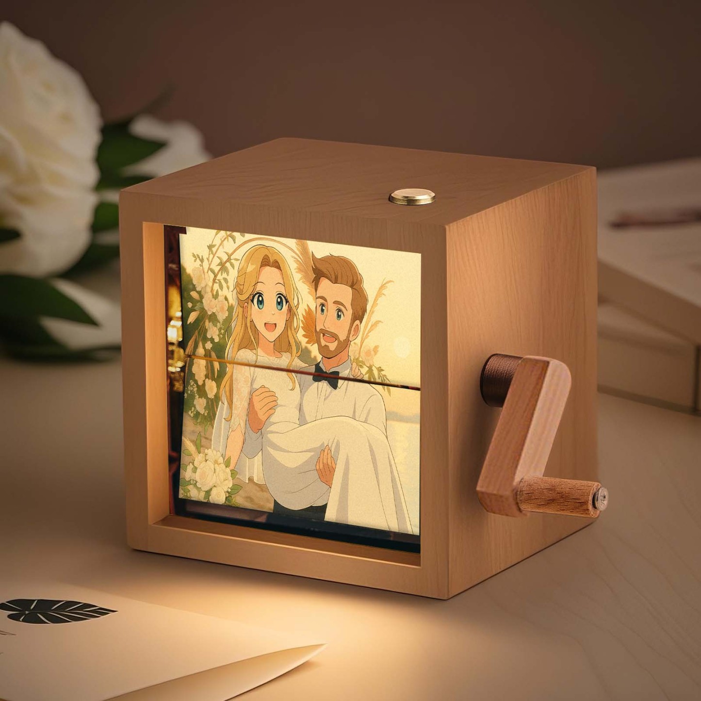 Custom Hand-Crank Flipbook Box Mechanical Anime Photo Album with Light Walnut Baby Photo Cube Frame Creative Gift - PhotoMoonLamp